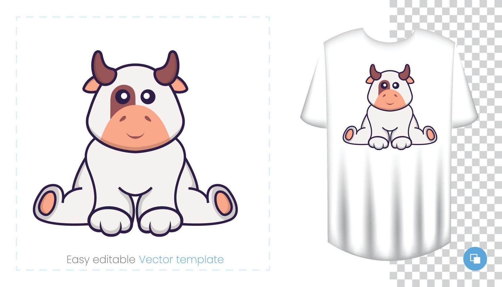 lindo personaje de vaca. estampados en camisetas, sudaderas, fundas para móviles, souvenirs. Ilustración de vector aislado sobre fondo blanco.