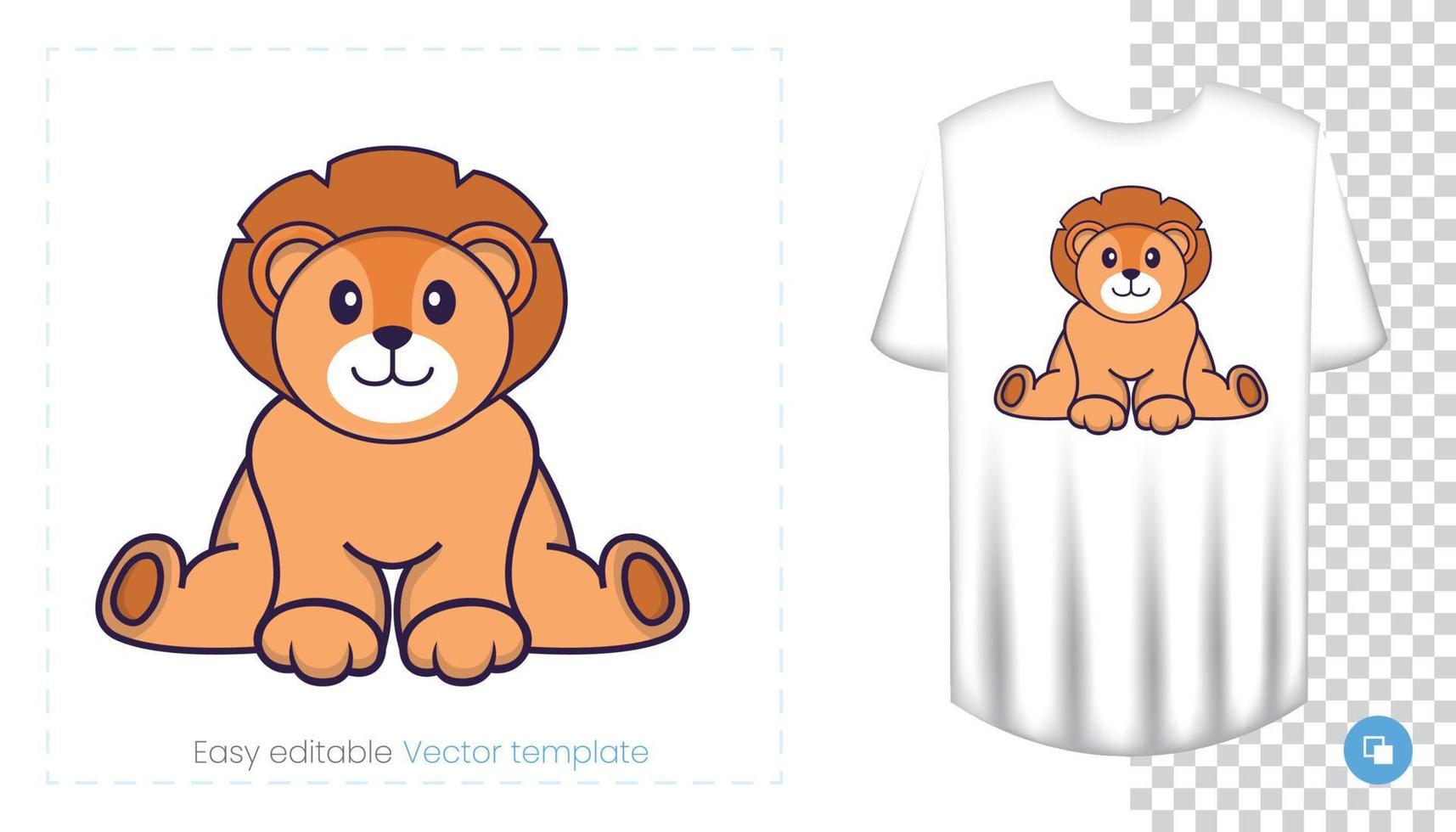 Cute lion character. Prints on T-shirts, sweatshirts, cases for mobile phones, souvenirs. Isolated vector illustration on white background.