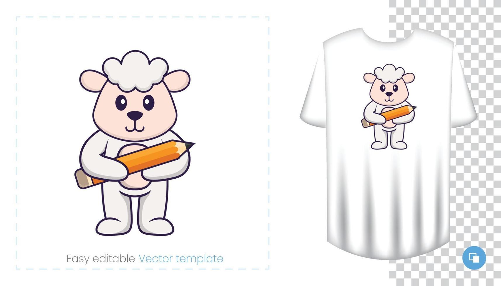 Cute sheep character. Prints on T-shirts, sweatshirts, cases for mobile phones, souvenirs. Isolated vector illustration on white background.