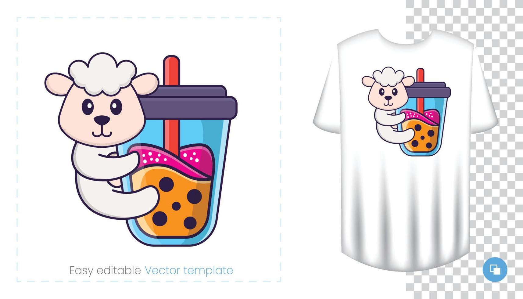 Cute sheep character. Prints on T-shirts, sweatshirts, cases for mobile phones, souvenirs. Isolated vector illustration on white background.