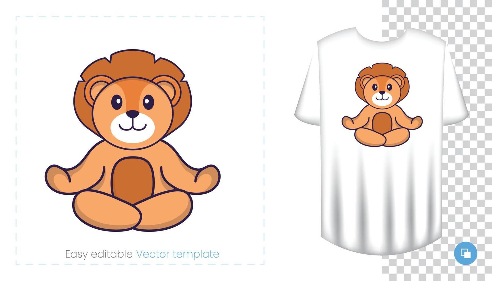 Cute lion character. Prints on T-shirts, sweatshirts, cases for mobile phones, souvenirs. Isolated vector illustration on white background.