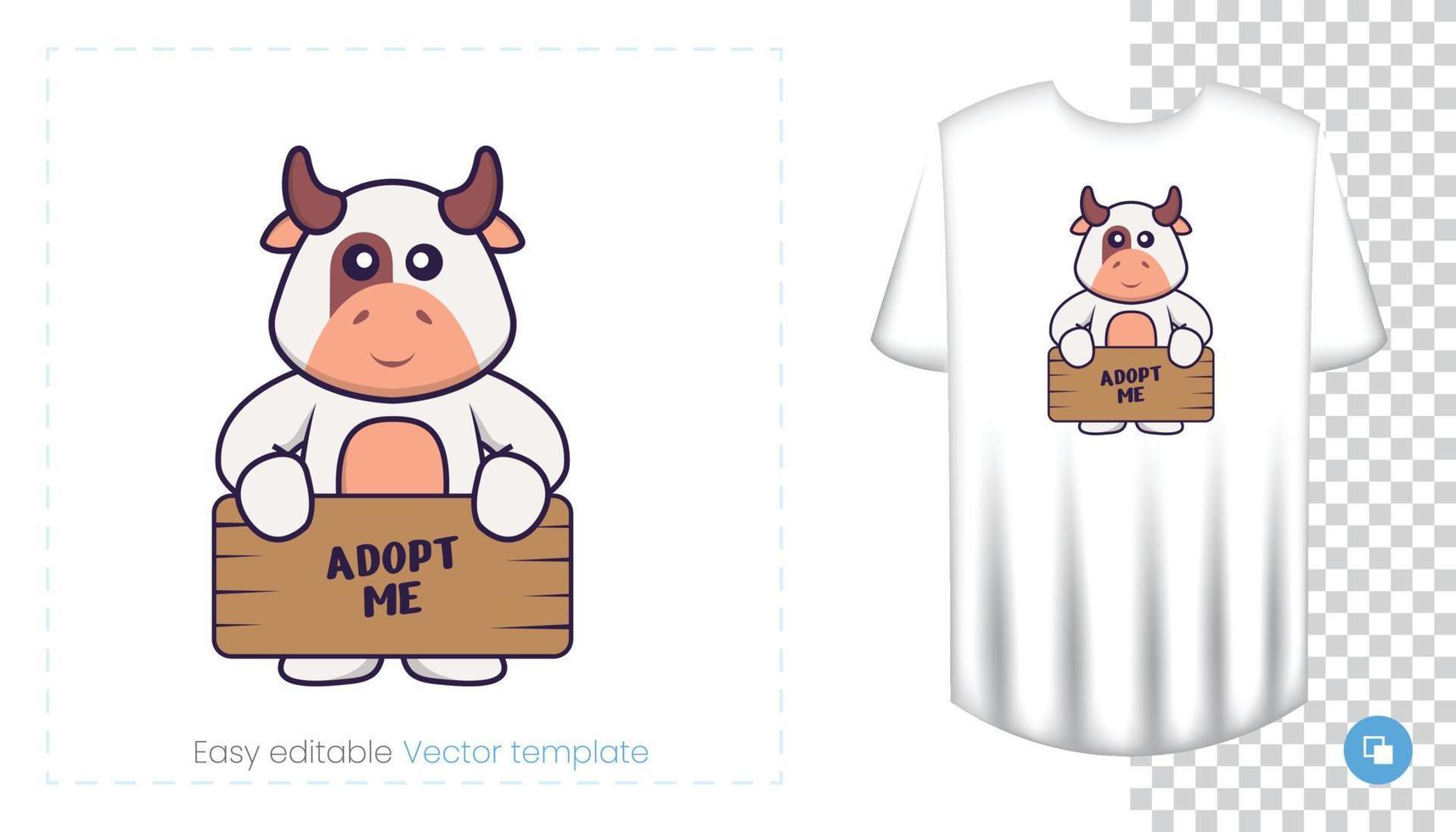 Cute cow character. Prints on T-shirts, sweatshirts, cases for mobile phones, souvenirs. Isolated vector illustration on white background.