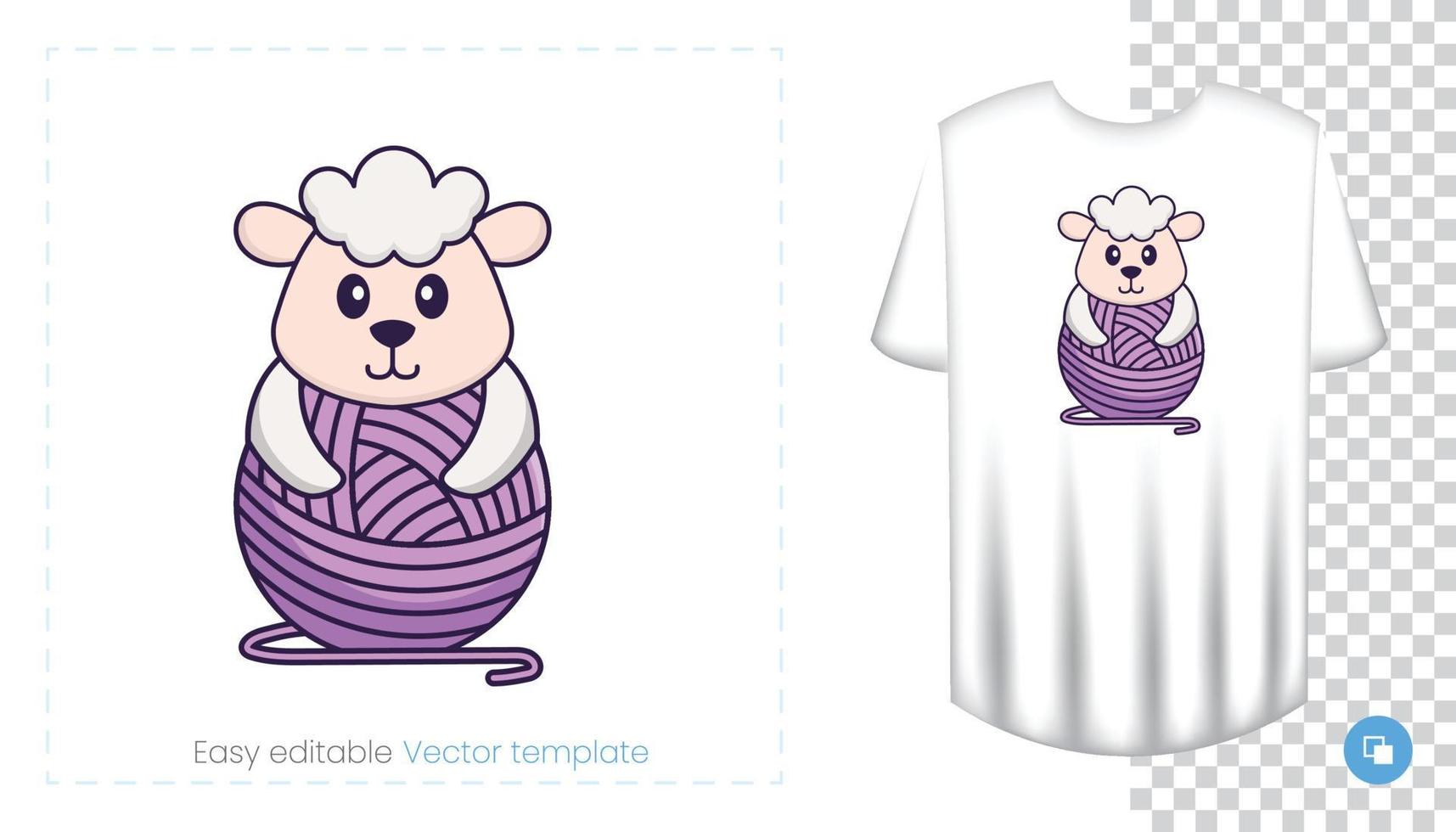 Cute sheep character. Prints on T-shirts, sweatshirts, cases for mobile phones, souvenirs. Isolated vector illustration on white background.