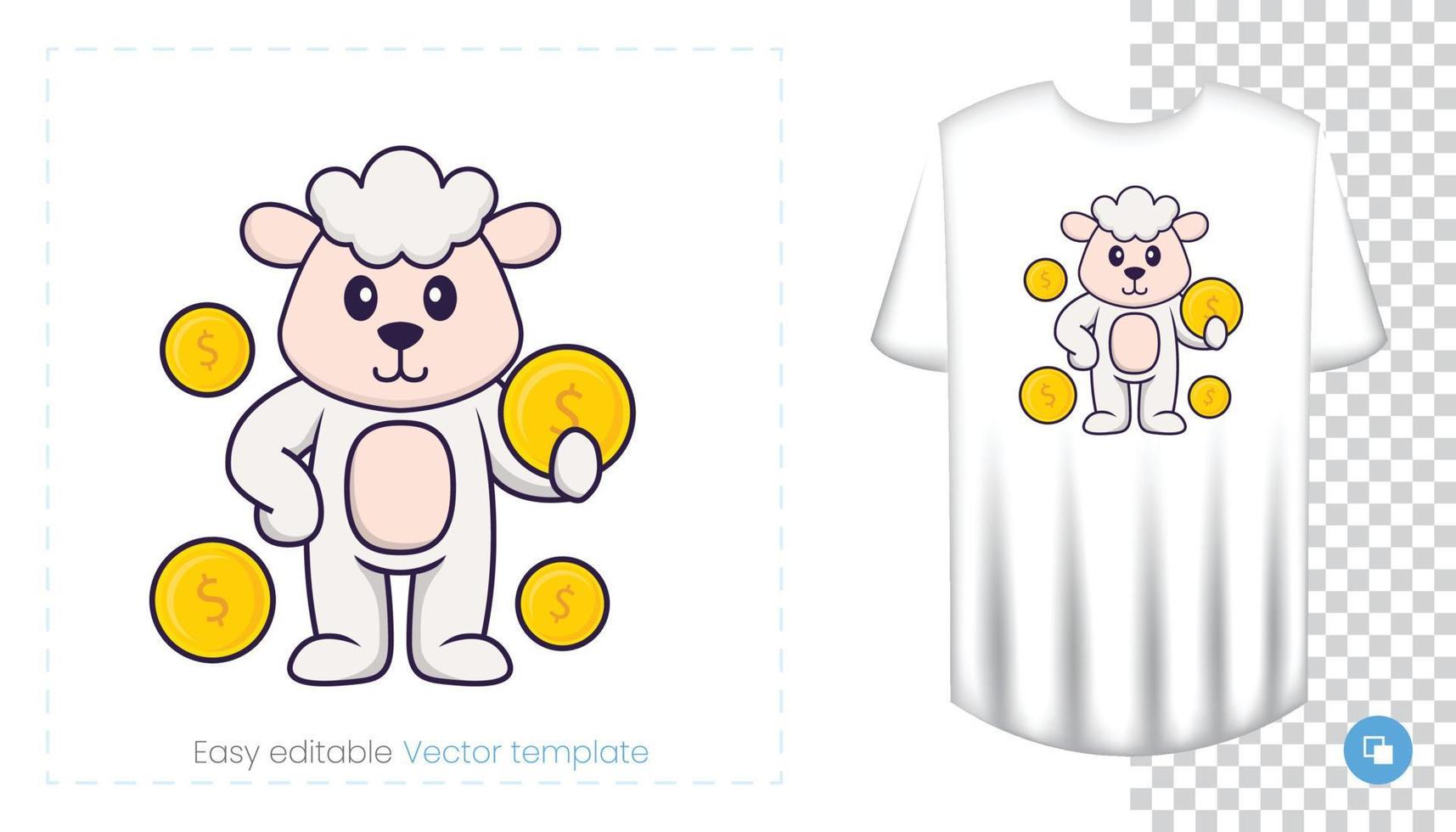 Cute sheep character. Prints on T-shirts, sweatshirts, cases for mobile phones, souvenirs. Isolated vector illustration on white background.