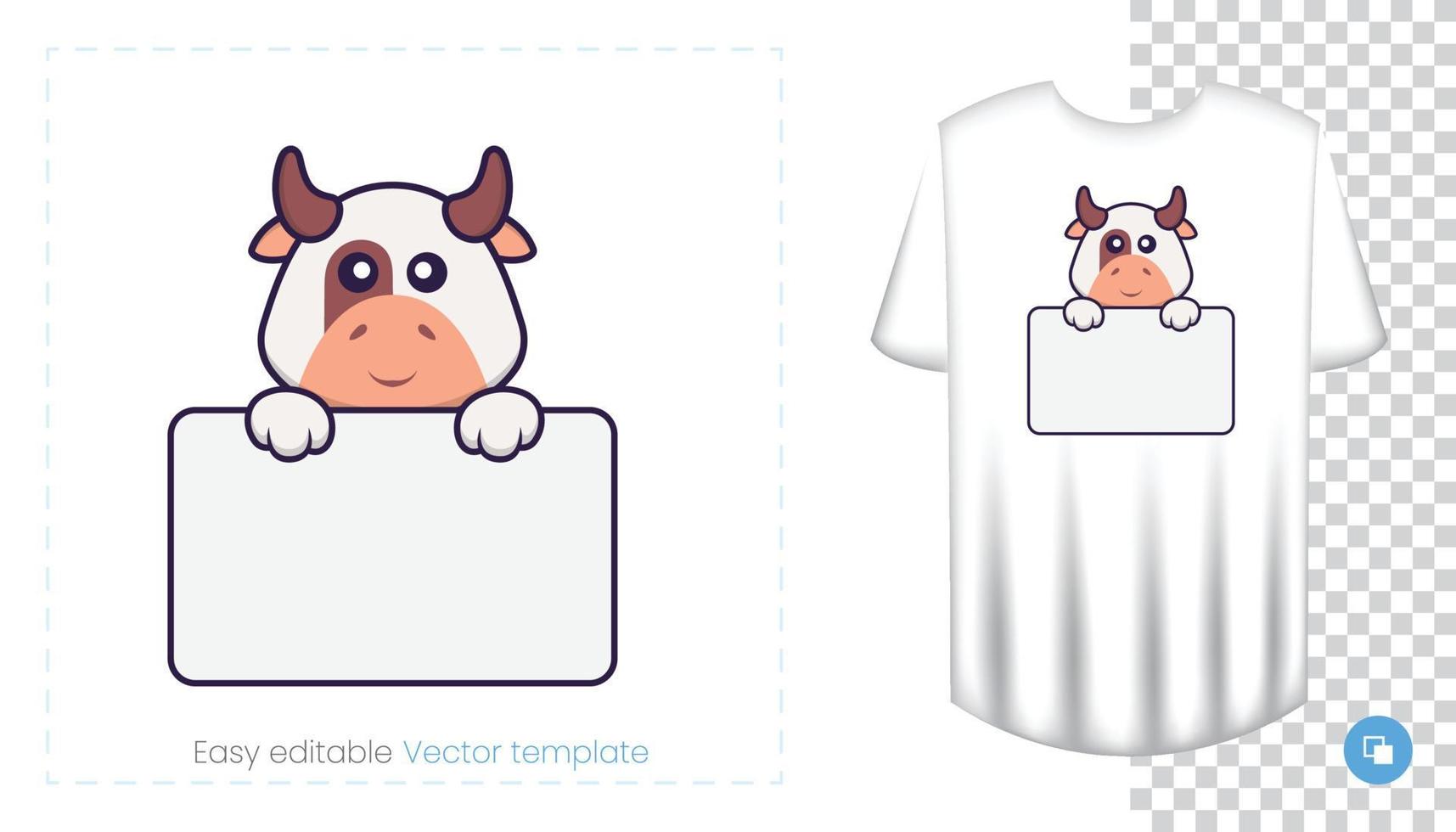 Cute cow character. Prints on T-shirts, sweatshirts, cases for mobile phones, souvenirs. Isolated vector illustration on white background.