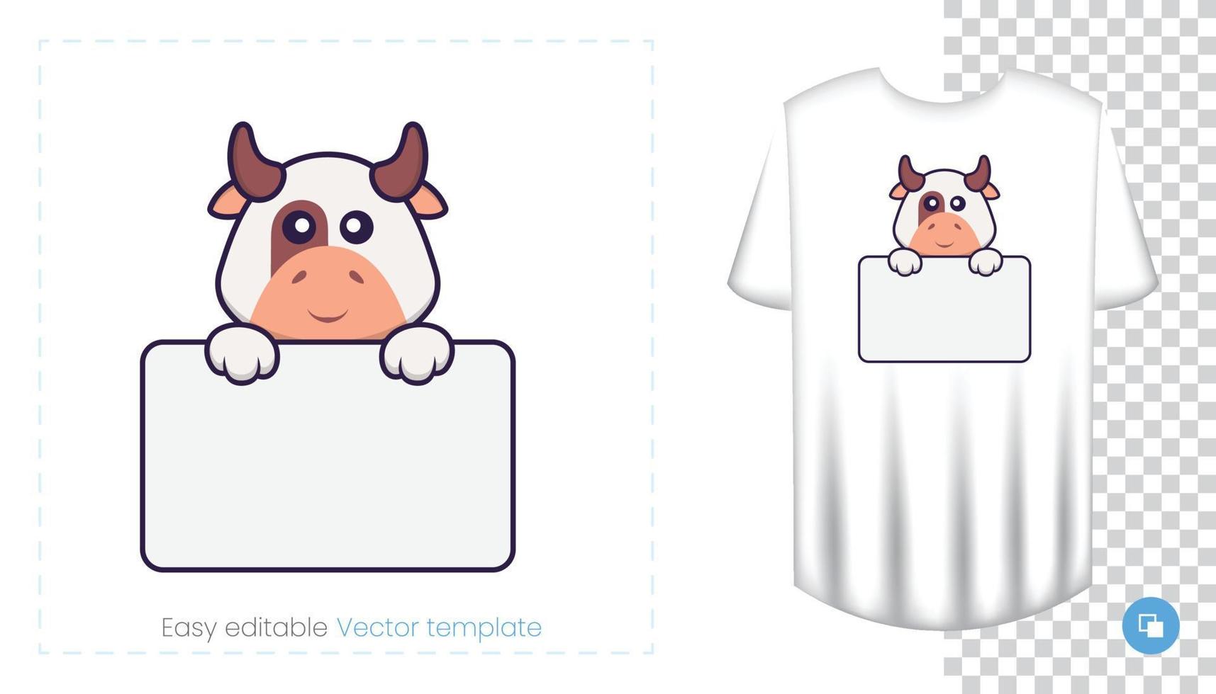 lindo personaje de vaca. estampados en camisetas, sudaderas, fundas para móviles, souvenirs. Ilustración de vector aislado sobre fondo blanco.