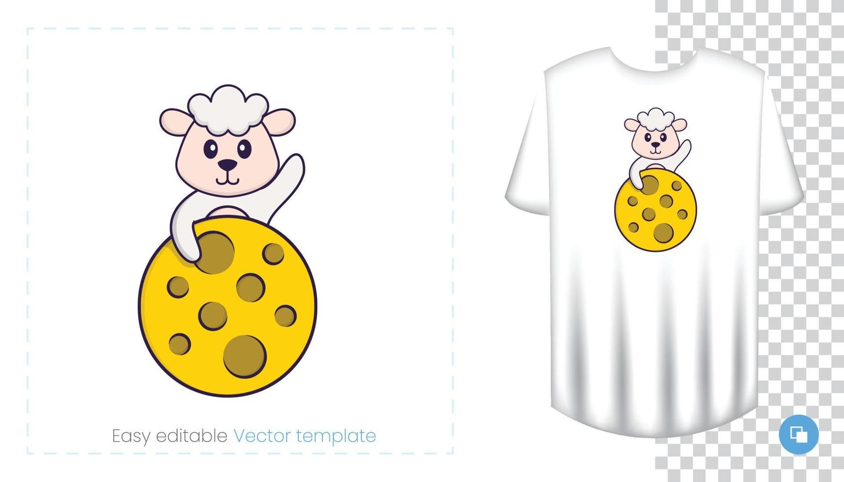 Cute sheep character. Prints on T-shirts, sweatshirts, cases for mobile phones, souvenirs. Isolated vector illustration on white background.
