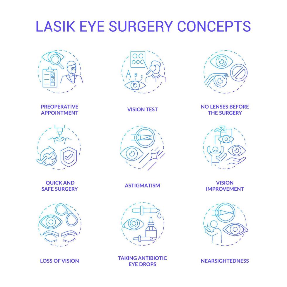 Laser eye surgery concepts gradient concept icons set. Eyesight improvement operation. Ophthalmologist visit for vision treatment idea thin line color illustrations. Vector isolated outline drawings