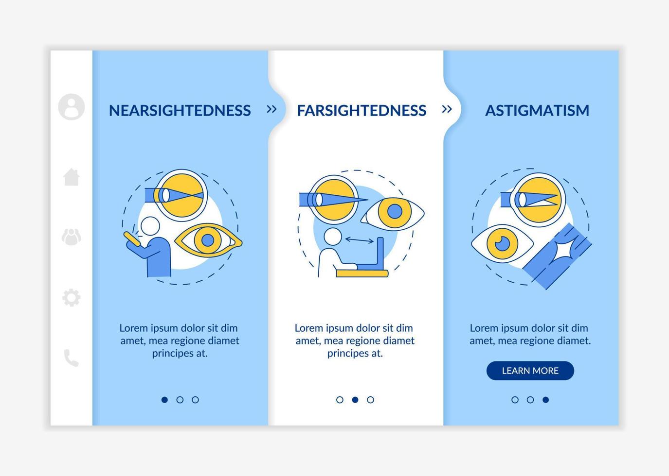 plantilla de vector de incorporación de operación de ojo láser. tratamiento de enfermedades oculares. sitio web móvil receptivo con iconos. Tutorial de la página web Pantallas de 3 pasos. concepto de color azul con ilustración lineal