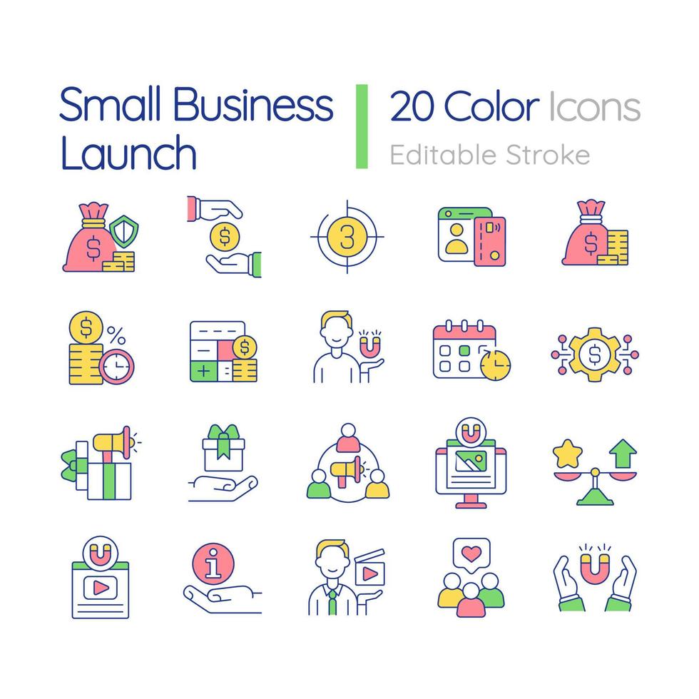 Small business launch RGB color icons set. Product and service startup boosting. Marketing business strategy. Isolated vector illustrations. Simple filled line drawings collection. Editable stroke