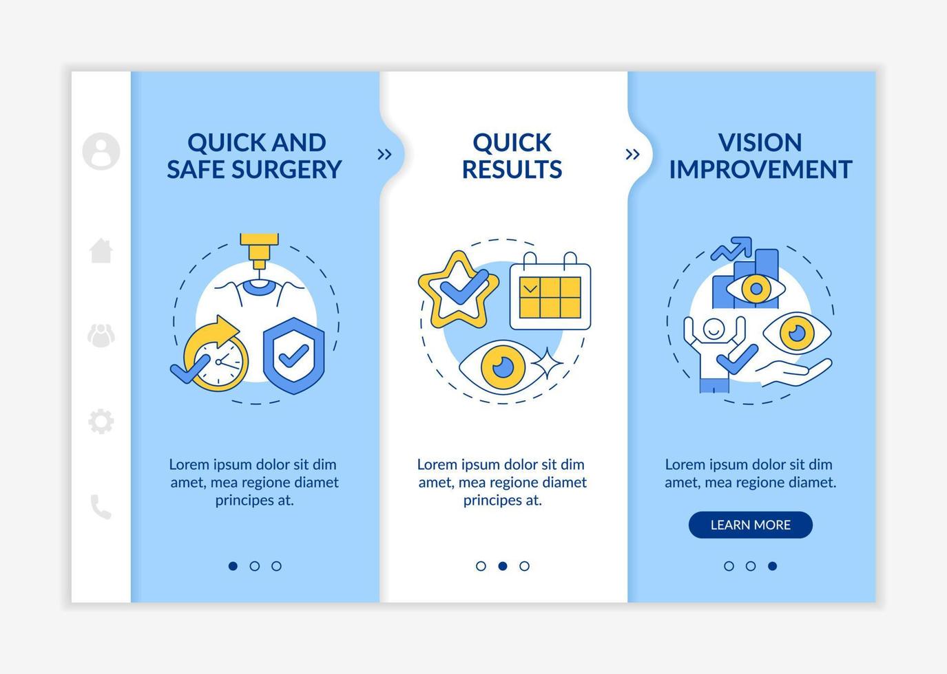 Laser eye surgery blue onboarding vector template. Safe and reliable method. Responsive mobile website with icons. Web page walkthrough 3 step screens. Blue color concept with linear illustration