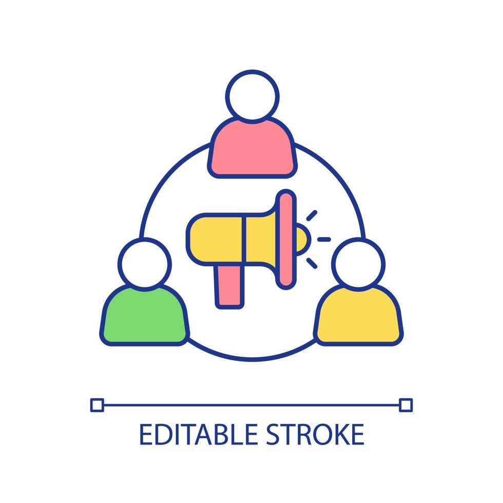 Informing people RGB color icon. Megaphone and audience circle. Social media advertise marketing strategy. Isolated vector illustration. Simple filled line drawing. Editable stroke