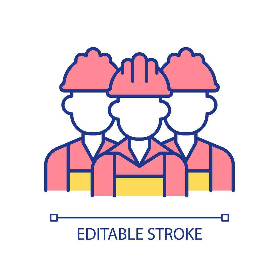 Workers in helmet group RGB color icon. Successful teamwork. Choosing contractors for project realization. Isolated vector illustration. Simple filled line drawing. Editable stroke
