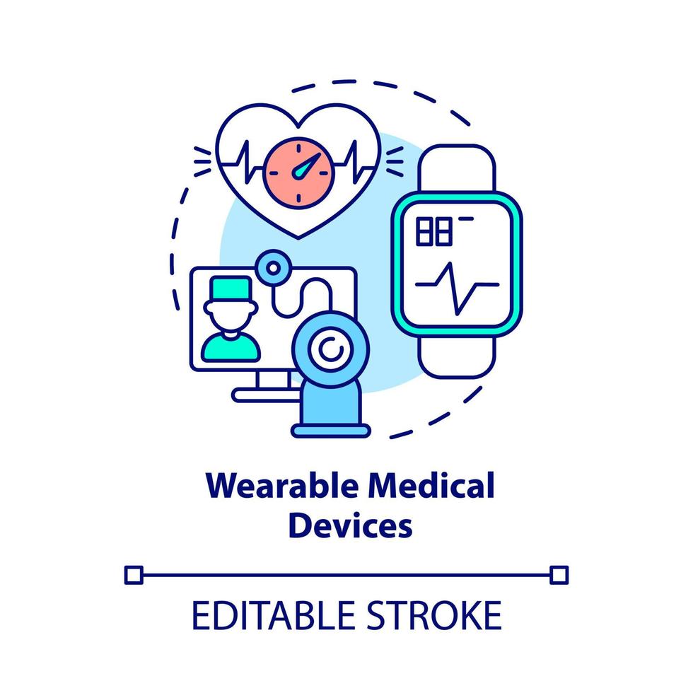 Wearable medical devices concept icon. Patients condition monitoring with digital tools abstract idea thin line illustration. Vector isolated outline color drawing. Editable stroke