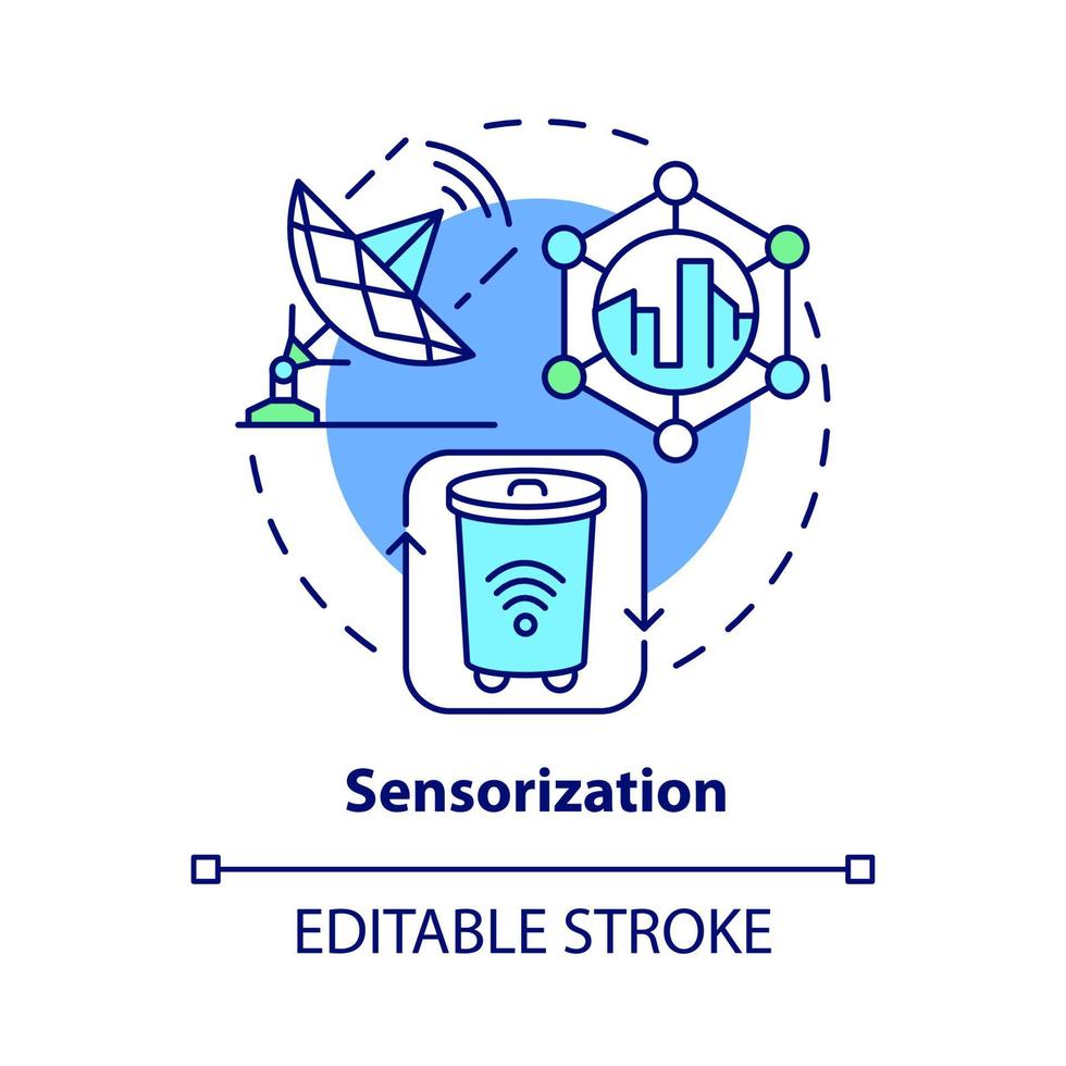 icono del concepto de sensorización. programa de digitalización de la ciudad moderna. Ilustración de línea fina de idea abstracta de tecnología de confort ciudadano. dibujo de color de contorno aislado vectorial. trazo editable vector