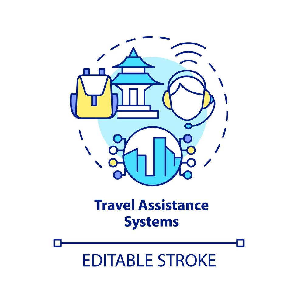 Travel assistance system concept icon. Passengers support app. Digitalization of tourism abstract idea thin line illustration. Vector isolated outline color drawing. Editable stroke