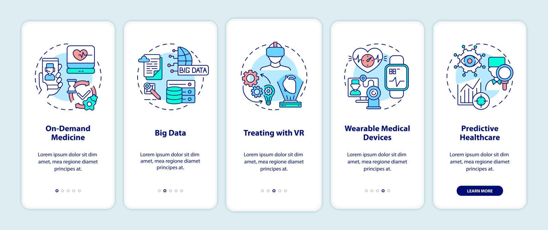 digitalización de la pantalla de la página de la aplicación móvil de incorporación de atención médica. tutorial de medicina 5 pasos instrucciones gráficas con conceptos. ui, ux, plantilla de vector de interfaz gráfica de usuario con ilustraciones en color lineal