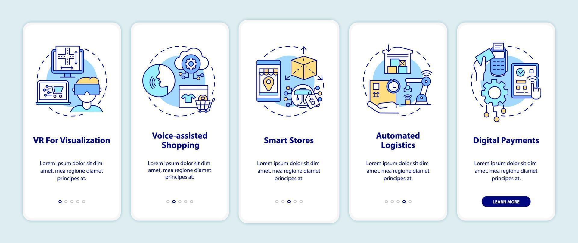 Digitalization of retail market onboarding mobile app page screen. Shopping walkthrough 5 steps graphic instructions with concepts. UI, UX, GUI vector template with linear color illustrations