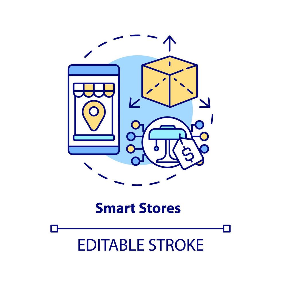 Smart stores concept icon. Modern technology of customer service. Online shopping organization abstract idea thin line illustration. Vector isolated outline color drawing. Editable stroke