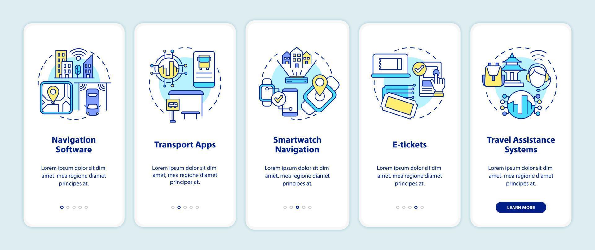 Digitalization of public transportation onboarding mobile app page screen. Service walkthrough 5 steps graphic instructions with concepts. UI, UX, GUI vector template with linear color illustrations