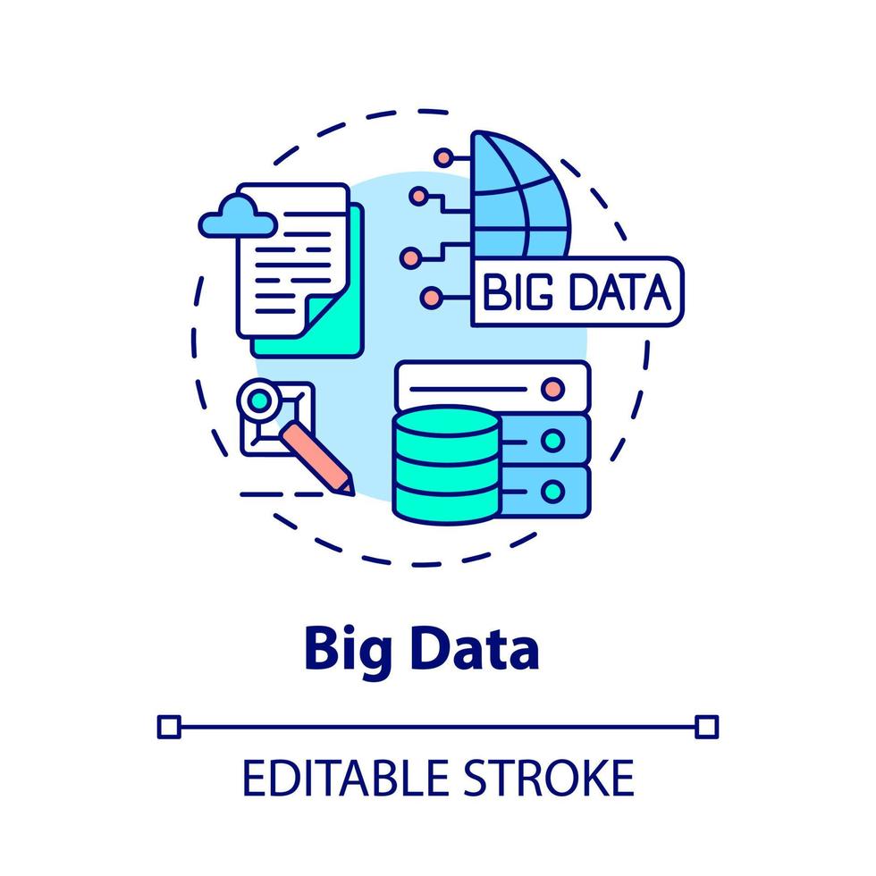 icono del concepto de big data. servicio empresarial e industrial. recopilación y análisis de información idea abstracta ilustración de línea fina. dibujo de color de contorno aislado vectorial. trazo editable vector