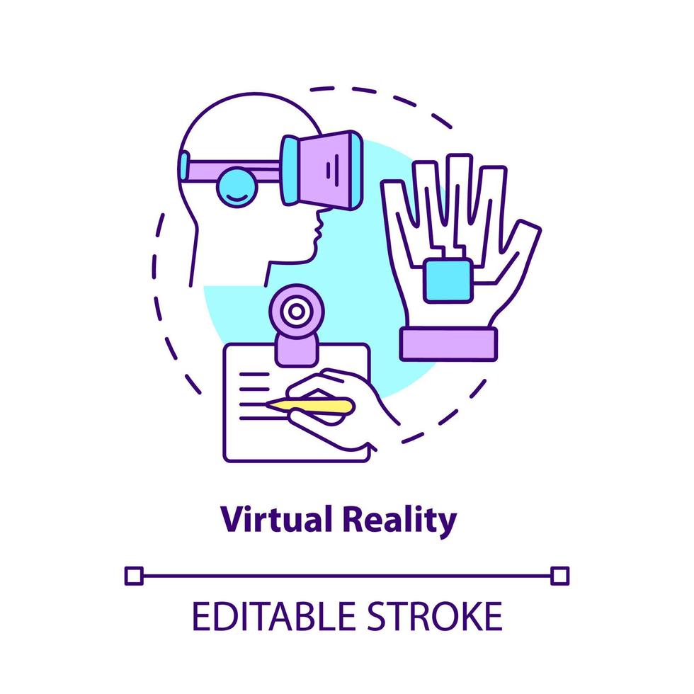 Virtual reality concept icon. Modern devices of work and fun. Technology of augmented reality abstract idea thin line illustration. Vector isolated outline color drawing. Editable stroke