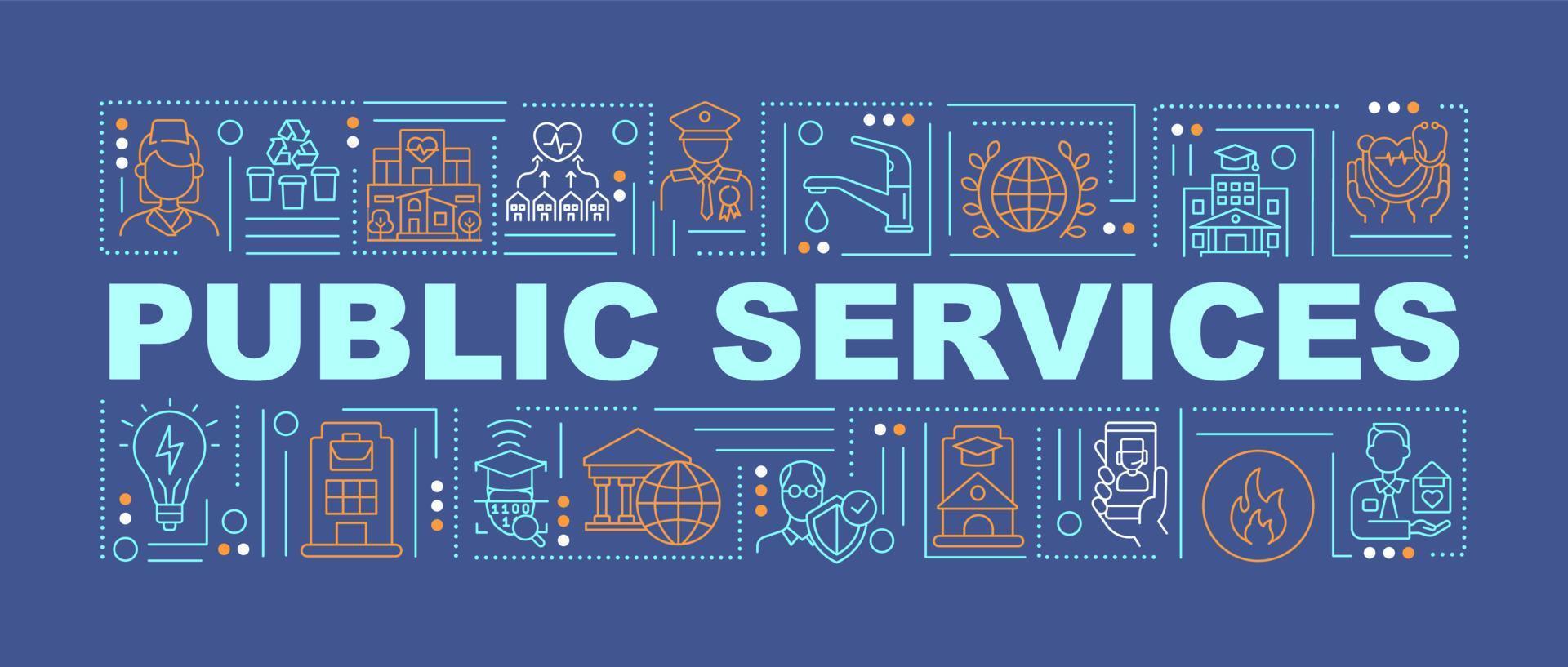 Public services innovations word concepts banner. Infrastructure support. Infographics with linear icons on blue background. Isolated creative typography. Vector outline color illustration with text