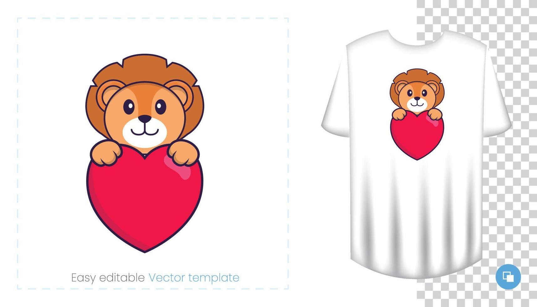Cute lion character. Prints on T-shirts, sweatshirts, cases for mobile phones, souvenirs. Isolated vector illustration on white background.