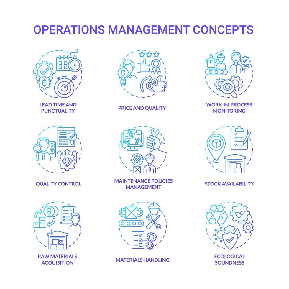 Operations management blue gradient concept icons set. Lead time, punctuality. Price and quality. Production efficiency control idea thin line color illustrations. Vector isolated outline drawings