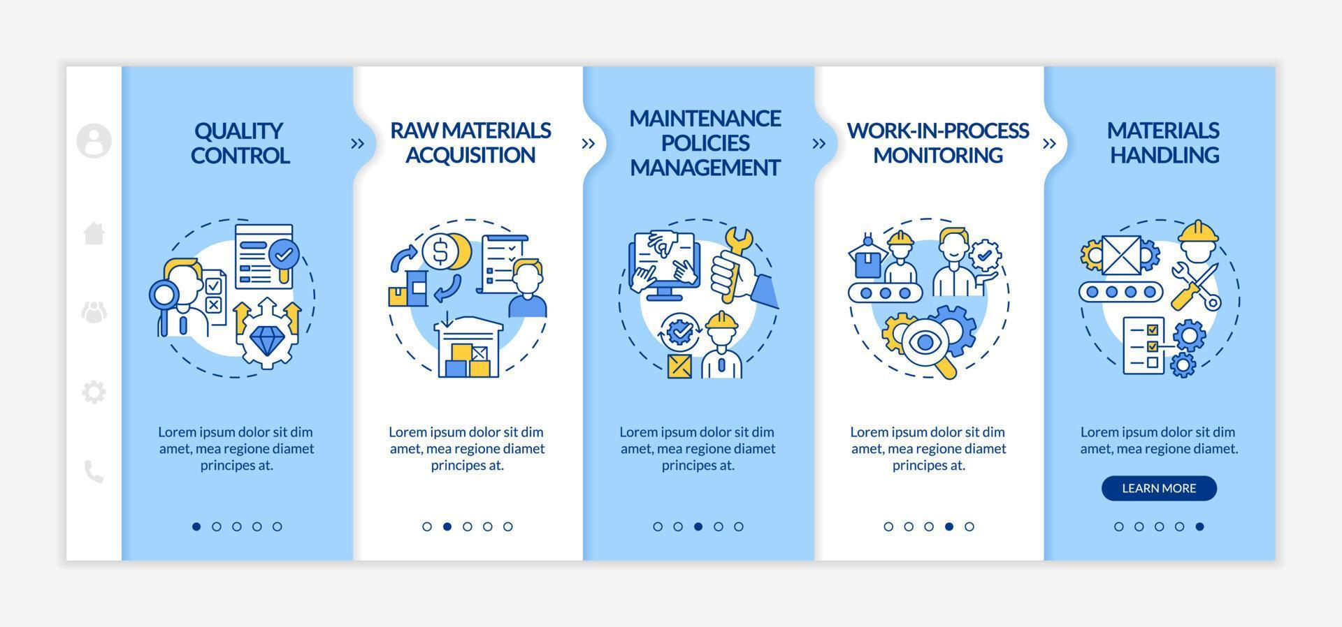 Operations managers duties onboarding vector template. Responsive mobile website with icons. Web page walkthrough 5 step screens. Production quality color concept with linear illustrations