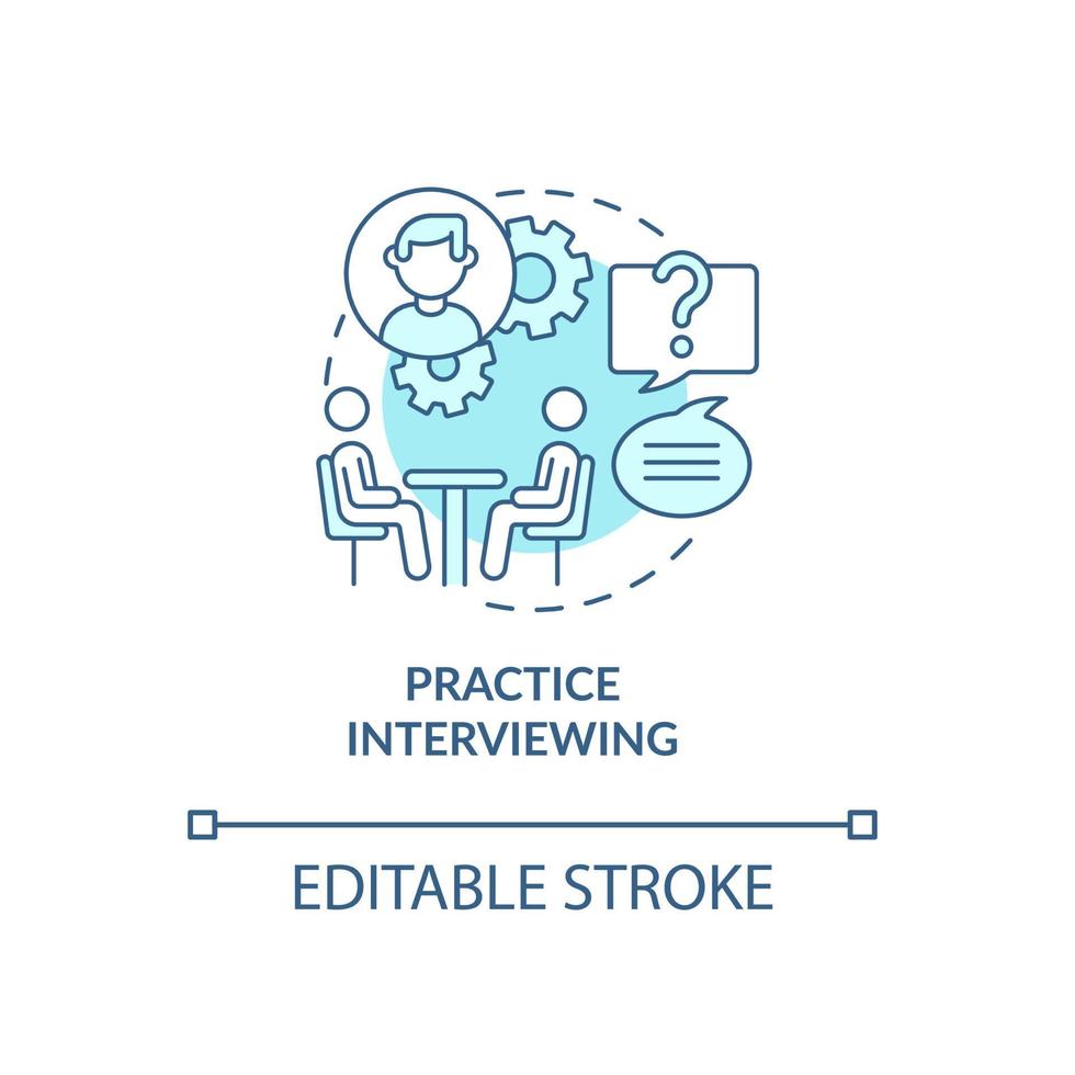 Practique entrevistas con el icono azul del concepto. preparándose para la ilustración de la delgada línea de la idea abstracta de la entrevista. Practique respondiendo preguntas típicas. dibujo de color de contorno aislado vectorial. trazo editable vector