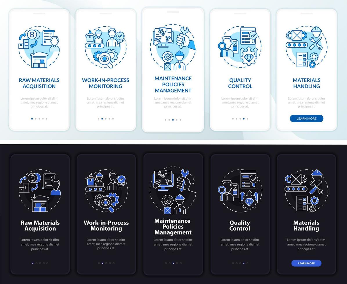 Operations managers duties dark, light onboarding mobile app page screen. Business walkthrough 5 step graphic instructions with concepts. UI, UX, GUI vector template with night, day mode illustrations