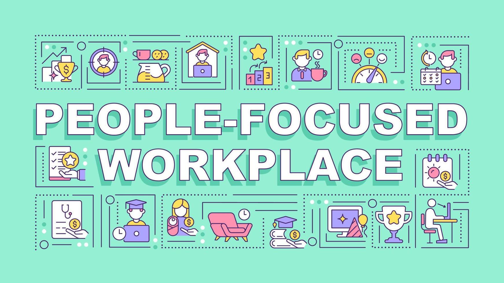 People focused workplace word concepts banner. Employee bonuses. Infographics with linear icons on green background. Isolated creative typography. Vector outline color illustration with text