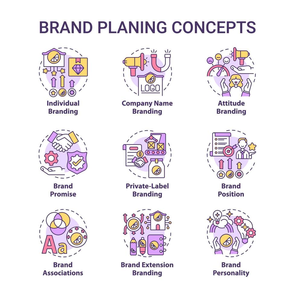 Brand planning concept icons set. Marketing strategy. Service promotion. Customer experience. Business value idea thin line color illustrations. Vector isolated outline drawings. Editable stroke