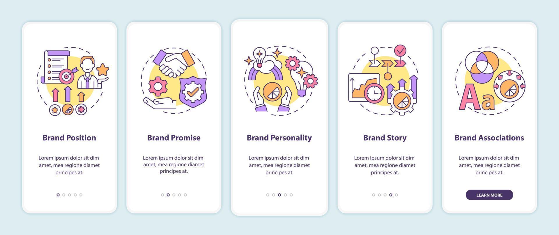 Key brand elements onboarding mobile app page screen. Business value walkthrough 5 steps graphic instructions with concepts. UI, UX, GUI vector template with linear color illustrations