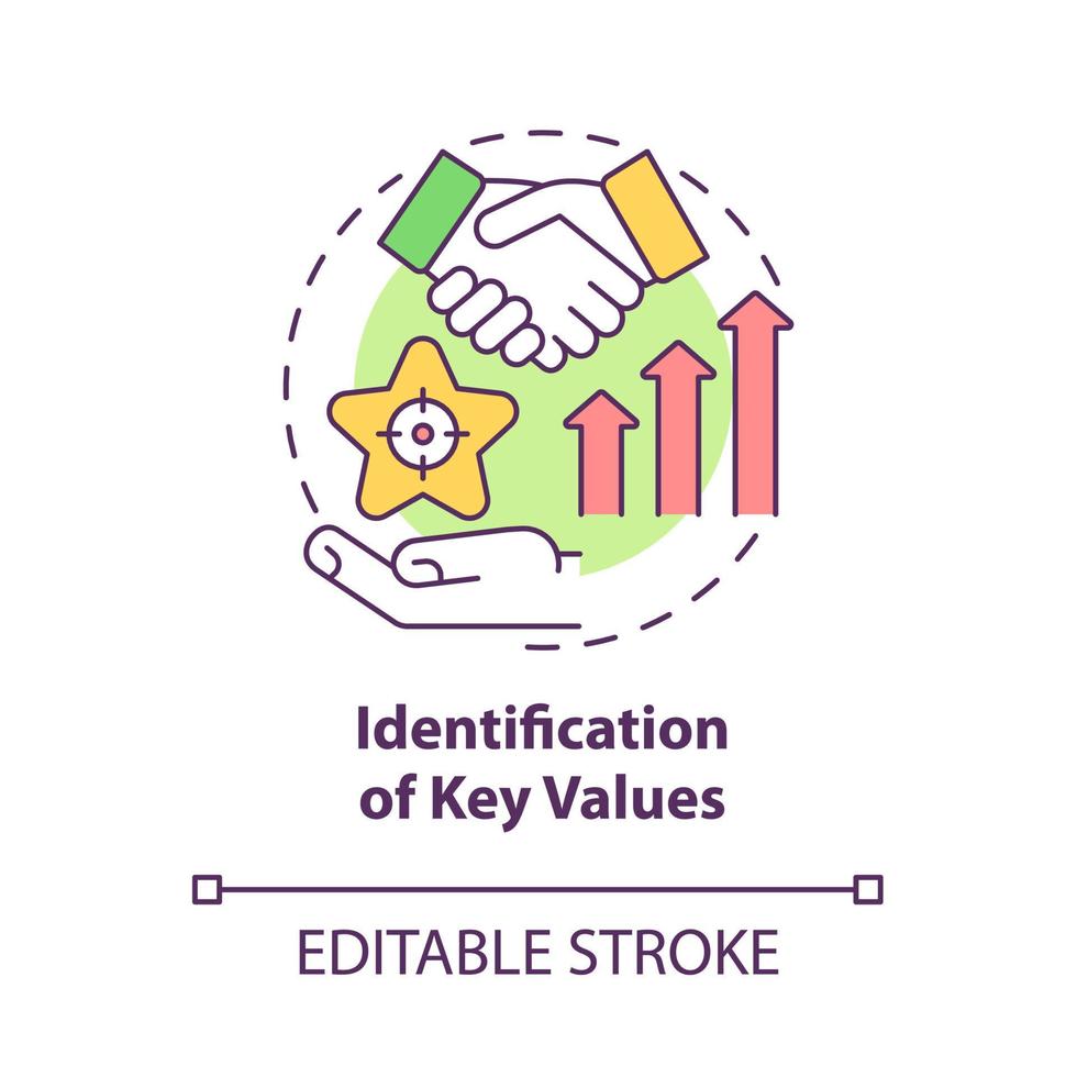 icono de concepto de identificación de valores clave. desarrollo de negocios. mejorar el rendimiento del servicio. Ilustración de línea fina de idea abstracta de planificación de marca. dibujo de color de contorno aislado vectorial. trazo editable vector