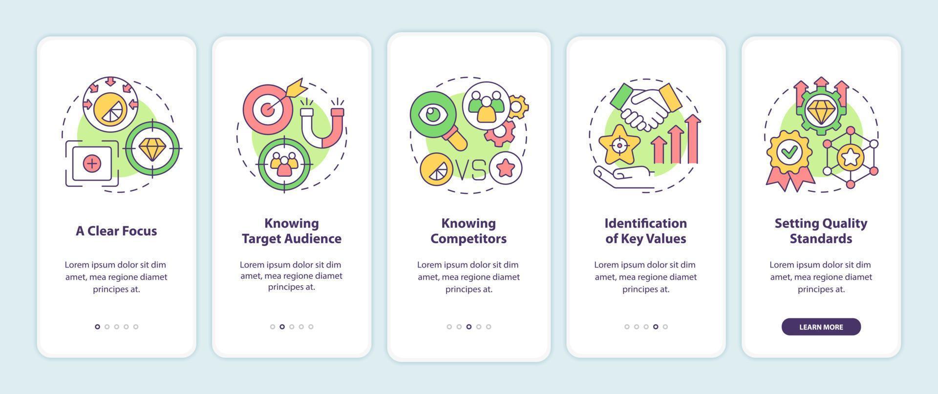 Signs of a good brand onboarding mobile app page screen. Business management walkthrough 5 steps graphic instructions with concepts. UI, UX, GUI vector template with linear color illustrations