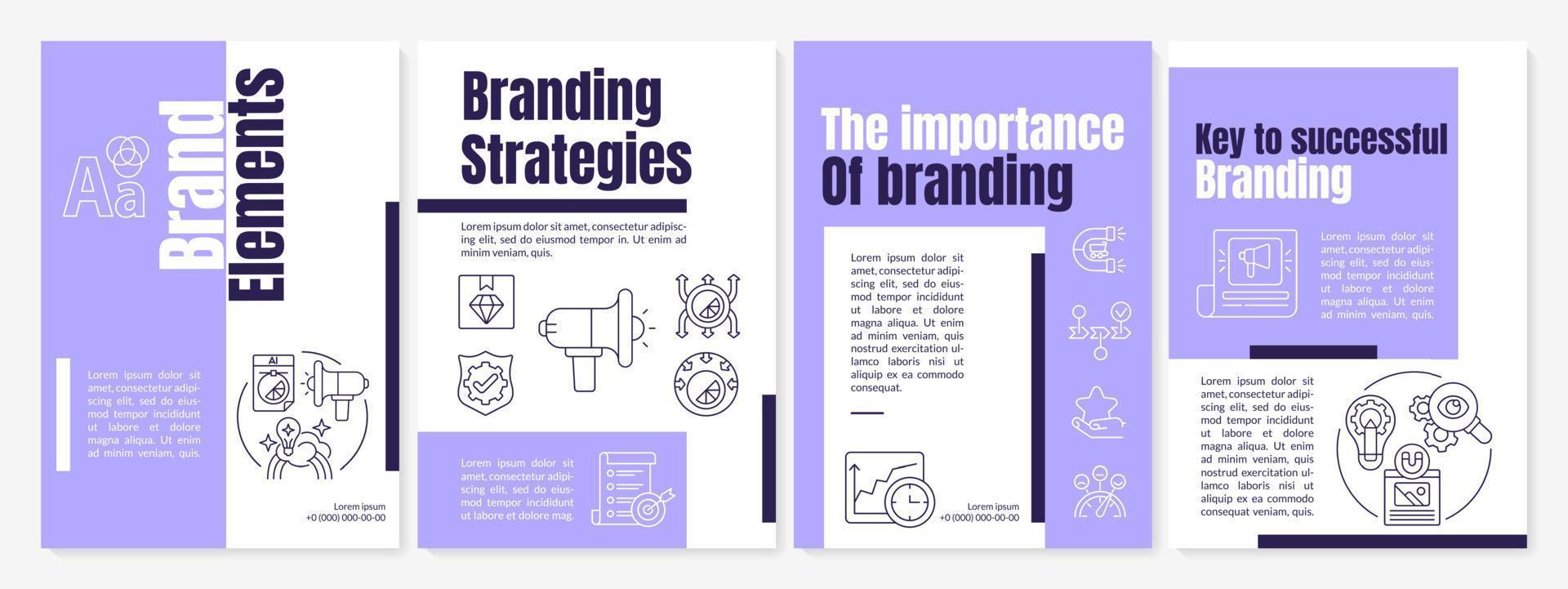 Brand elements purple brochure template. Key to successful strategy. Flyer, booklet, leaflet print, cover design with linear icons. Vector layouts for presentation, annual reports, advertisement pages