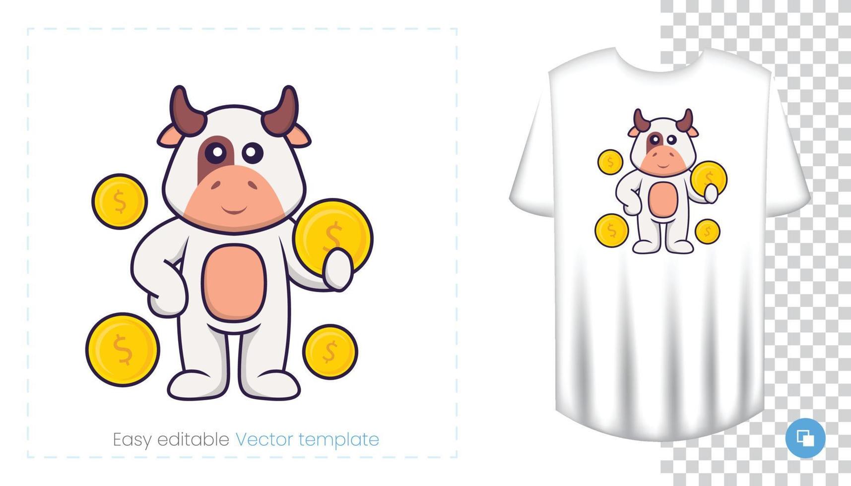 lindo personaje de vaca. estampados en camisetas, sudaderas, fundas para móviles, souvenirs. Ilustración de vector aislado sobre fondo blanco.