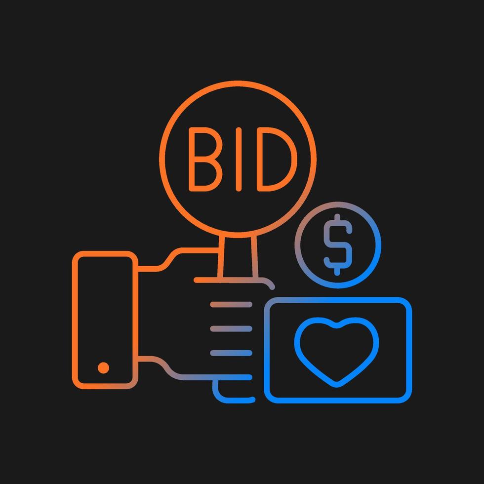 Charity auction gradient vector icon for dark theme. Fundraising event. Bidding for experimental assets. Bargaining. Thin line color symbol. Modern style pictogram. Vector isolated outline drawing