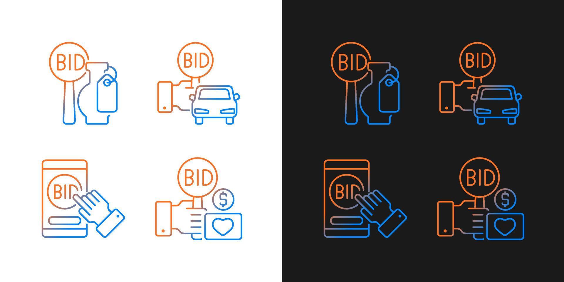 Auction items gradient icons set for dark and light mode. Online bargaining. Charity auction. Thin line contour symbols bundle. Isolated vector outline illustrations collection on black and white