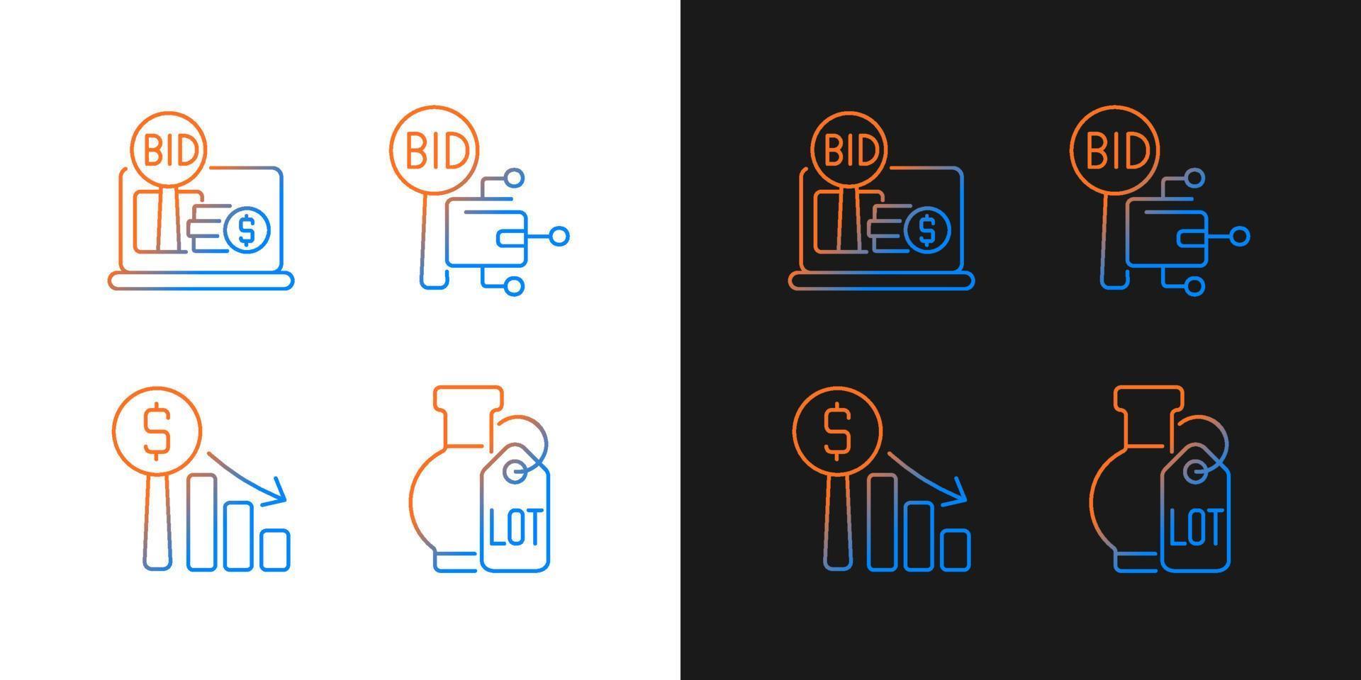 iconos de degradado de subasta electrónica establecidos para el modo oscuro y claro. ganga en línea. subasta holandesa. paquete de símbolos de contorno de línea delgada. colección de ilustraciones de contorno vectorial aislado en blanco y negro vector