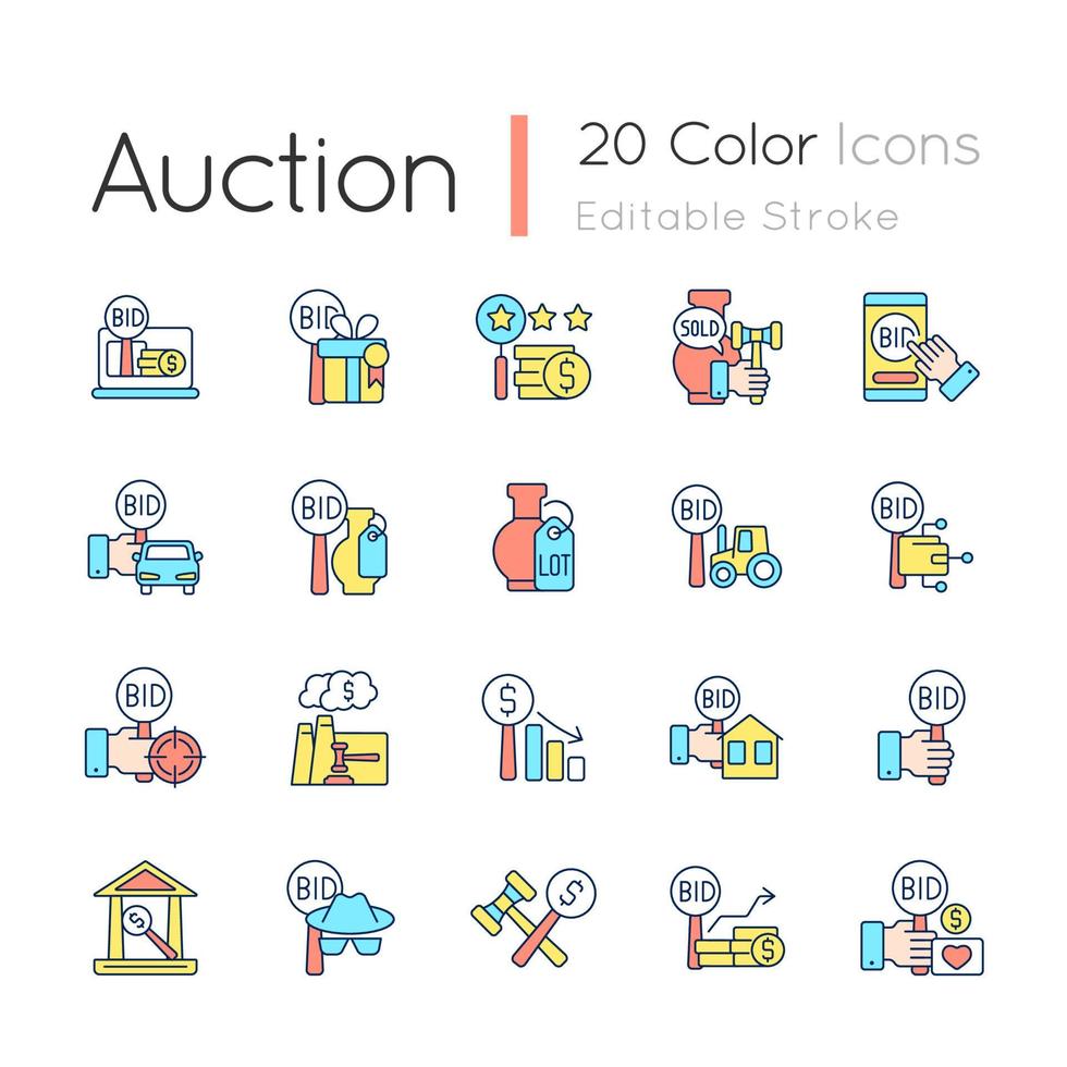 Auction RGB color icons set. Competitive bargaining. Bidding for item. Public sales. Selling property, antique. Isolated vector illustrations. Simple filled line drawings collection. Editable stroke