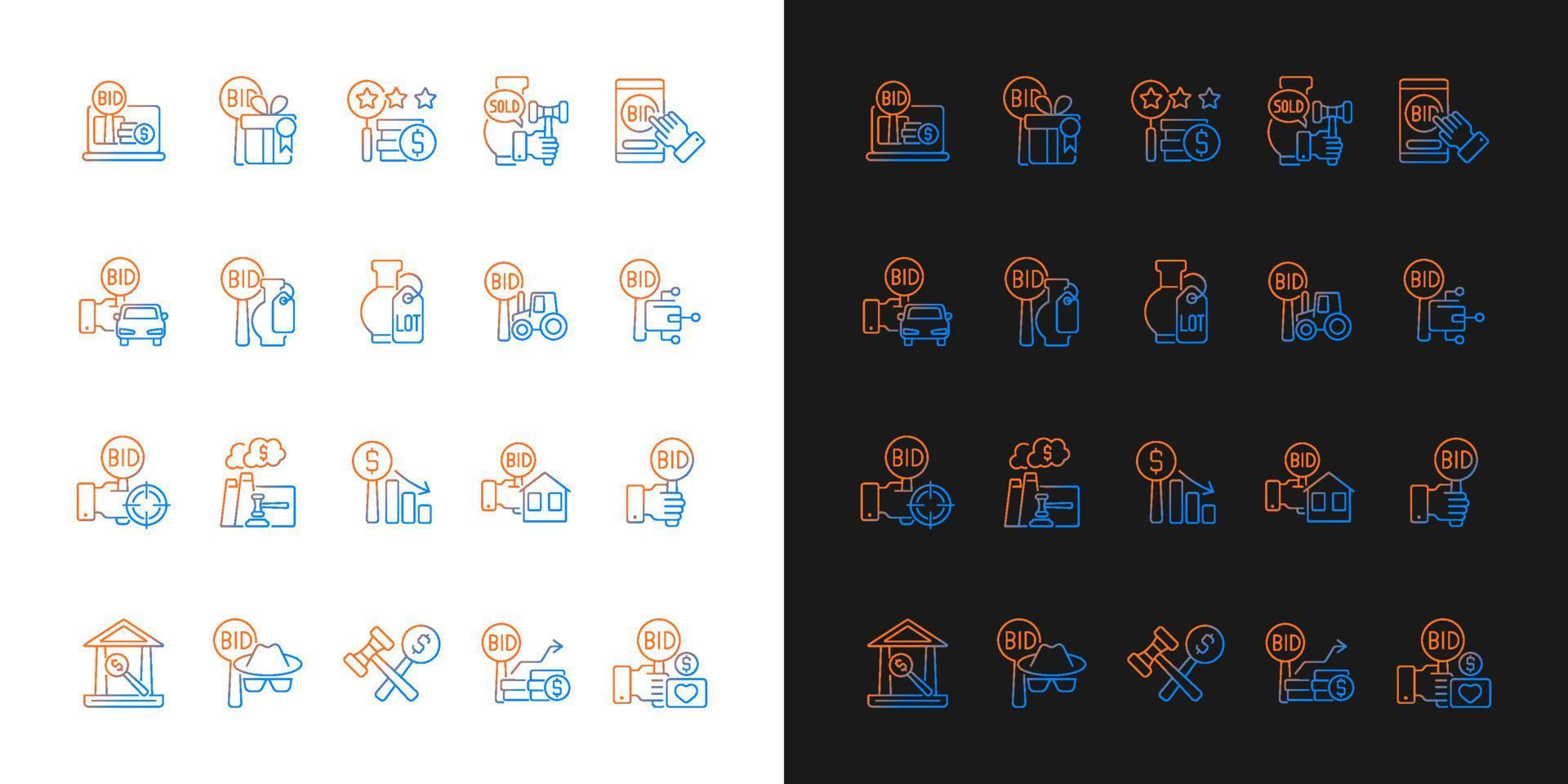 Auction gradient icons set for dark and light mode. Competitive bargaining. Bidding for item. Thin line contour symbols bundle. Isolated vector outline illustrations collection on black and white