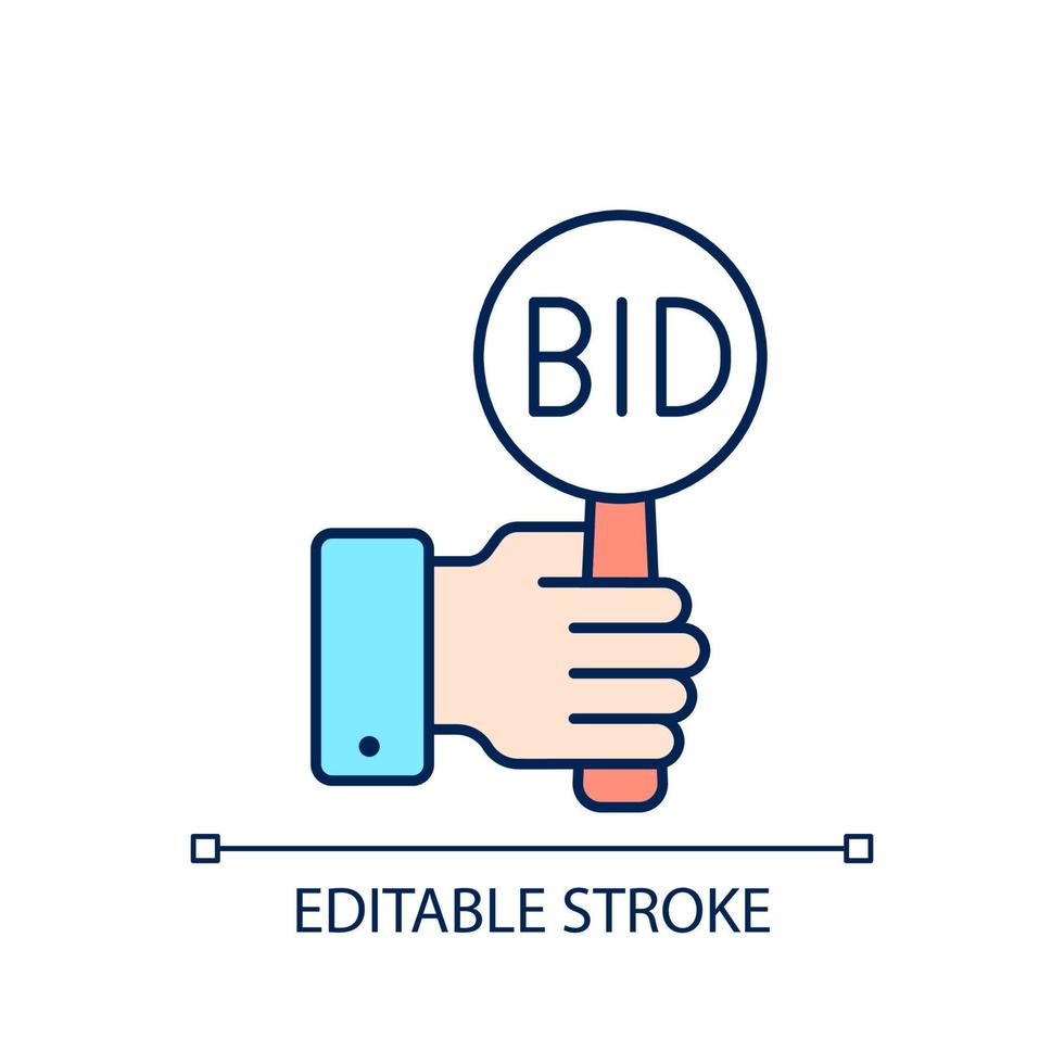 Bidding RGB color icon. Offering highest price to win. Bargaining for item. Auction participants. Public sales. Isolated vector illustration. Simple filled line drawing. Editable stroke