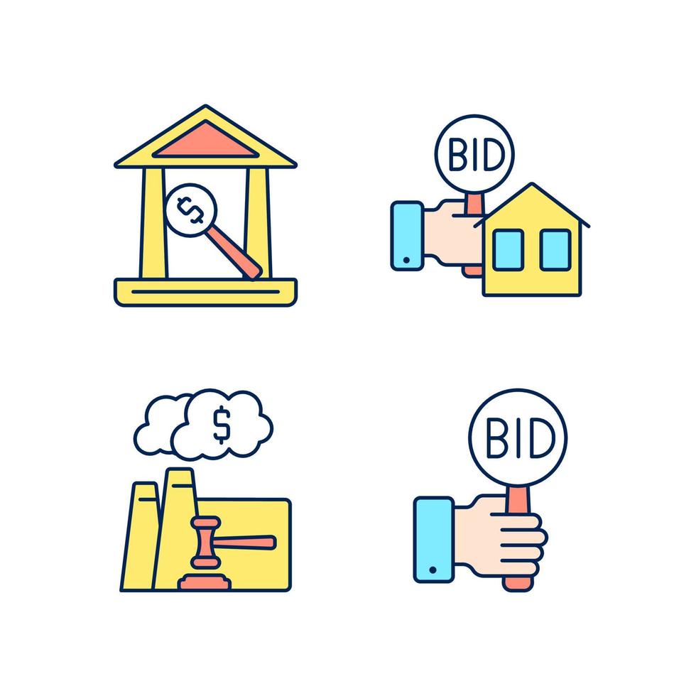 Bargaining for property RGB color icons set. Real estate selling. Emission auction. Auction house. Bidding. Isolated vector illustrations. Simple filled line drawings collection. Editable stroke