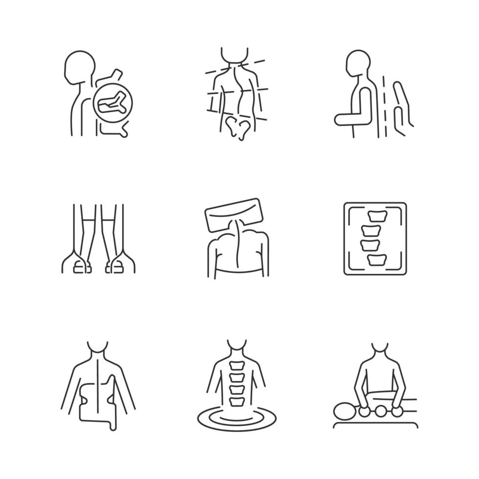 Conjunto de iconos lineales de diagnóstico y tratamiento de escoliosis. problemas de columna. ejercicios de corrección de la columna vertebral. símbolos de contorno de línea fina personalizables. ilustraciones de contorno de vector aislado. trazo editable