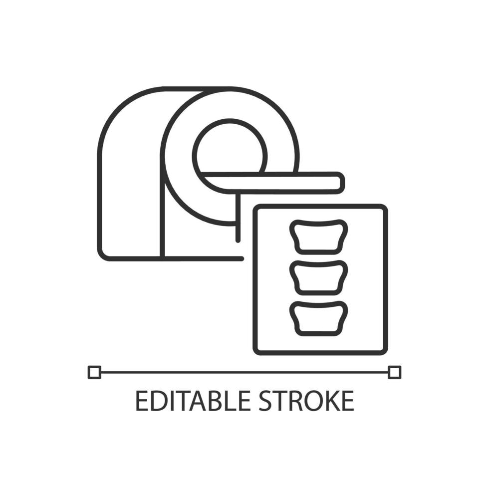 MRI scans linear icon. Disease testing procedure. Medical technology. Patient condition diagnosis. Thin line customizable illustration. Contour symbol. Vector isolated outline drawing. Editable stroke