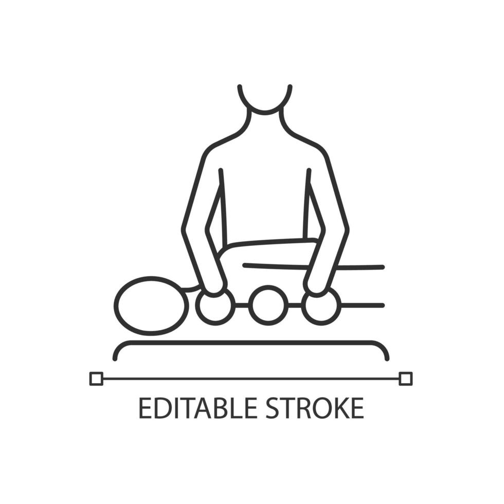 Chiropractic care linear icon. Mechanical disorders treatment. Spinal problems prevention. Thin line customizable illustration. Contour symbol. Vector isolated outline drawing. Editable stroke