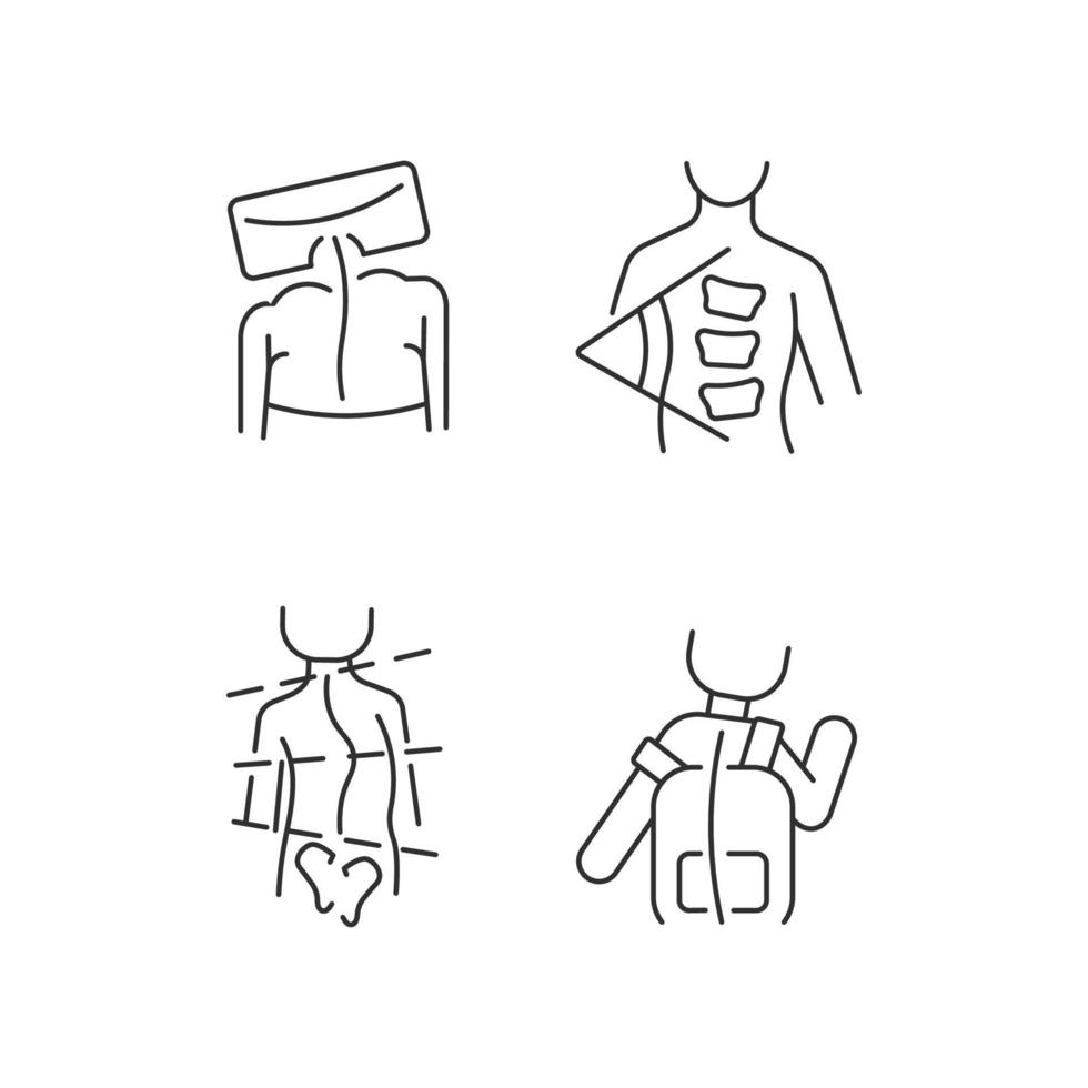 Spine curvature measure linear icons set. Cobb angle. Spinal curve testing method. Rib hump measurement. Customizable thin line contour symbols. Isolated vector outline illustrations. Editable stroke